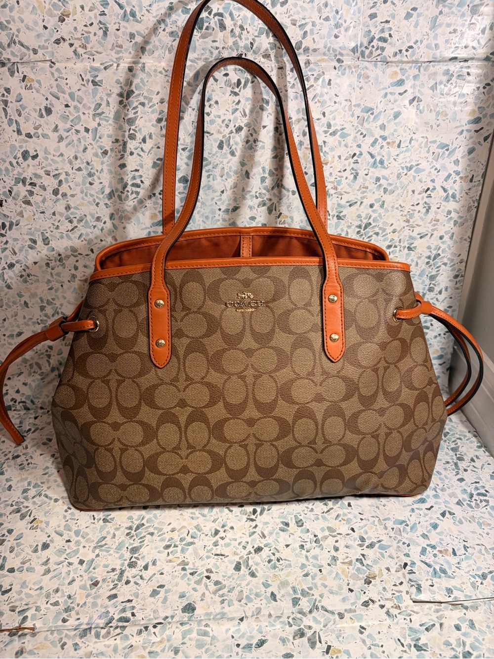 Coach Signature Drawstring Carryall 57842 Khaki Saddle Tote - Picture 2 of 9